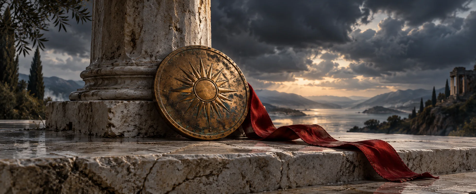 A worn bronze disc rests beside a red ribbon on a pale stone threshold beneath storm clouds.