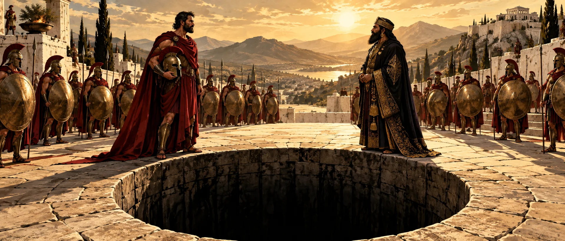 A Spartan king in a red cloak faces a richly robed Persian envoy across a deep stone well, ranks of Spartan shields behind them.