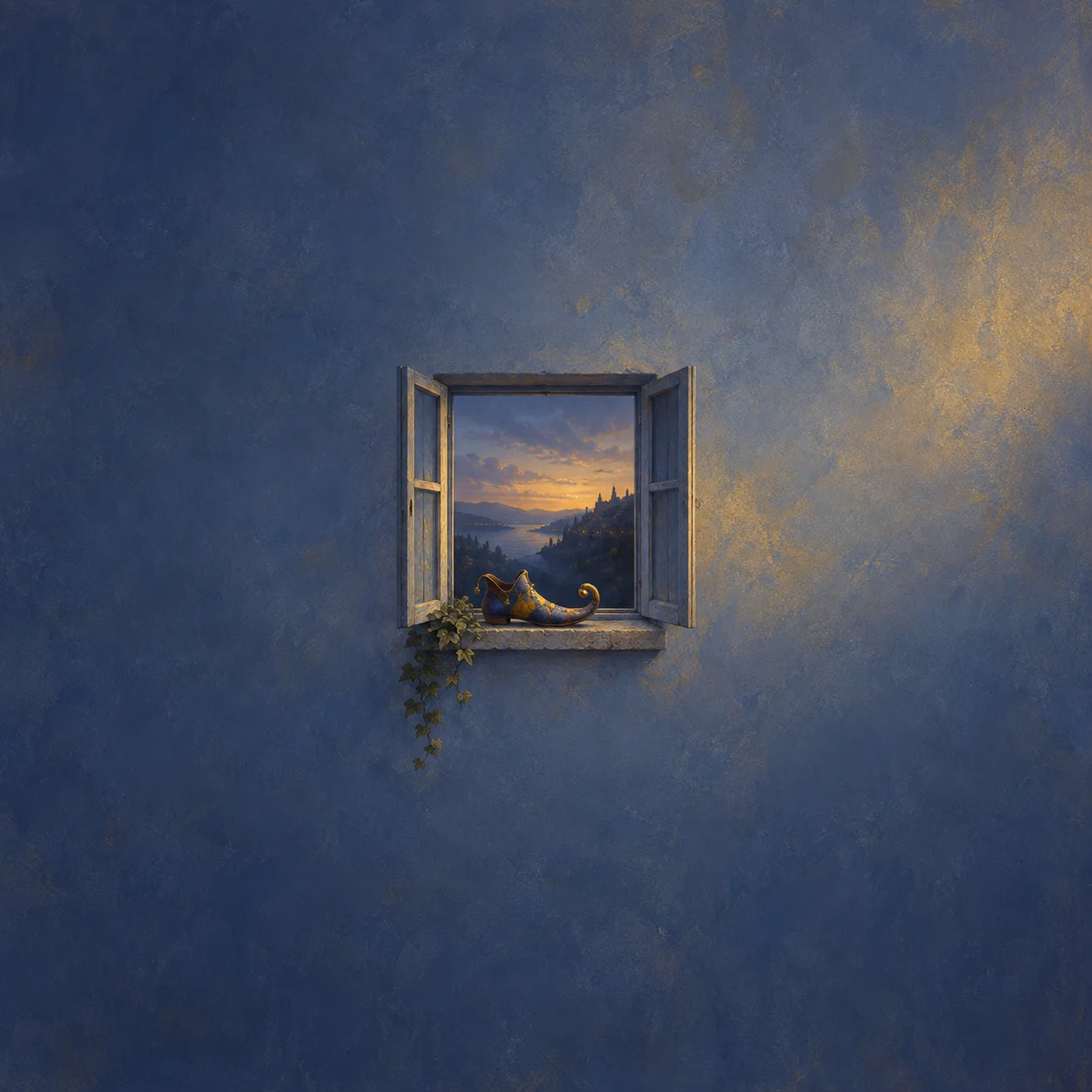 Painterly curled golden shoe on an open windowsill overlooking a twilight landscape.