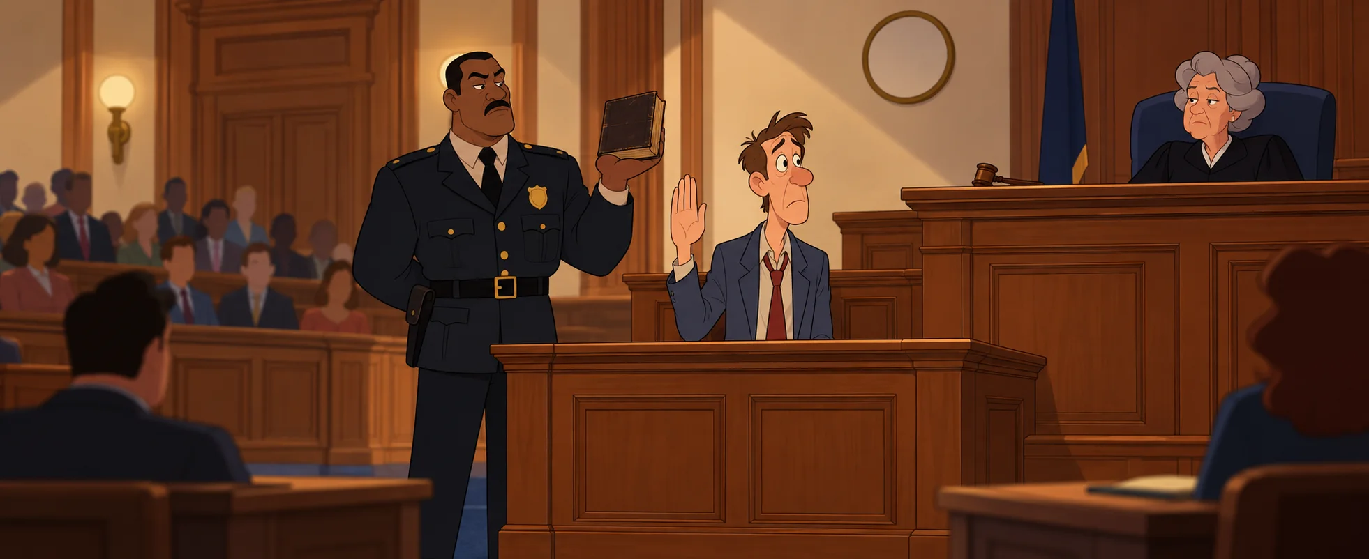 A cartoon courtroom: a bailiff holds out a book as a nervous man raises his hand before a stern judge.