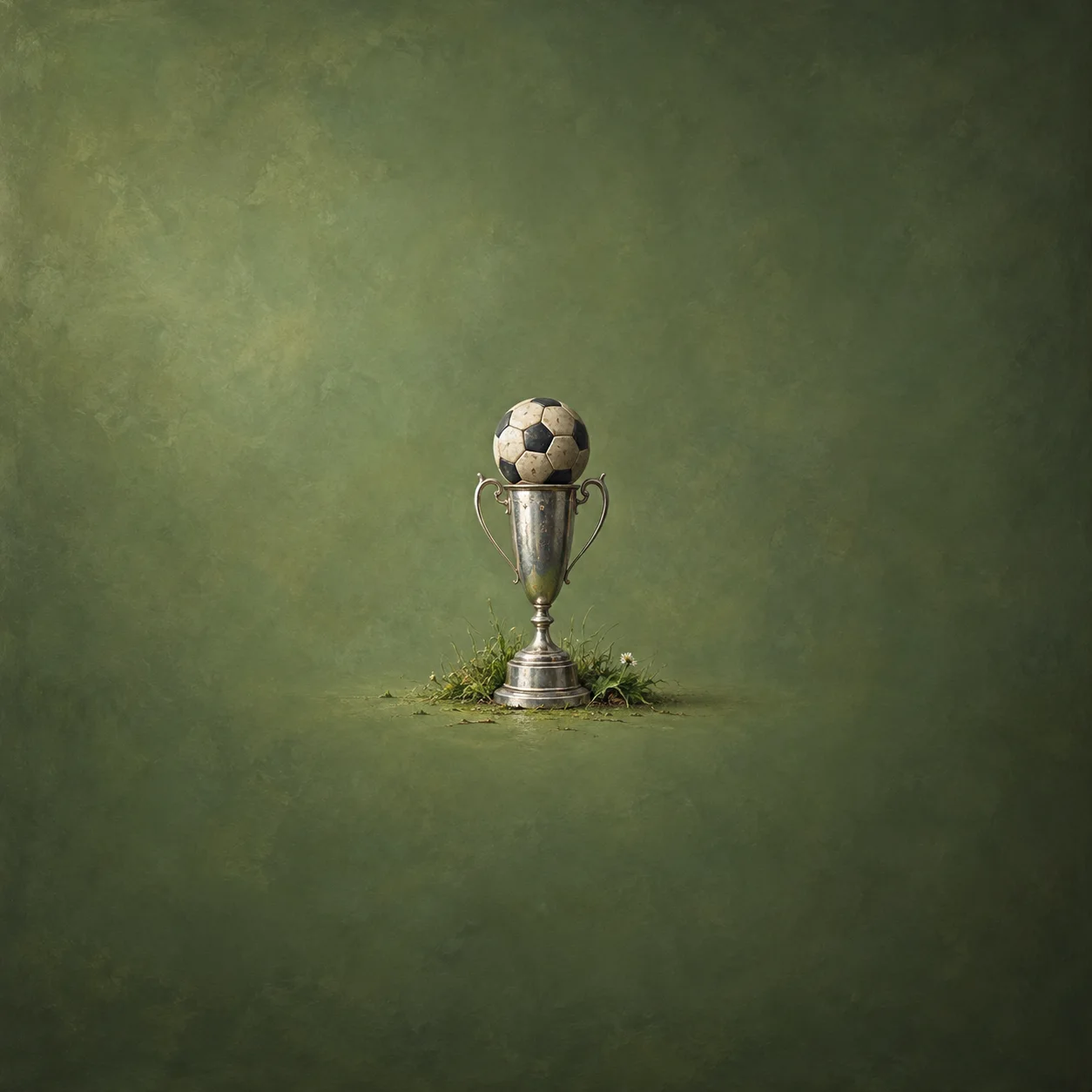 A scuffed black-and-white soccer ball rests on a tall silver trophy with small leaves around its base.