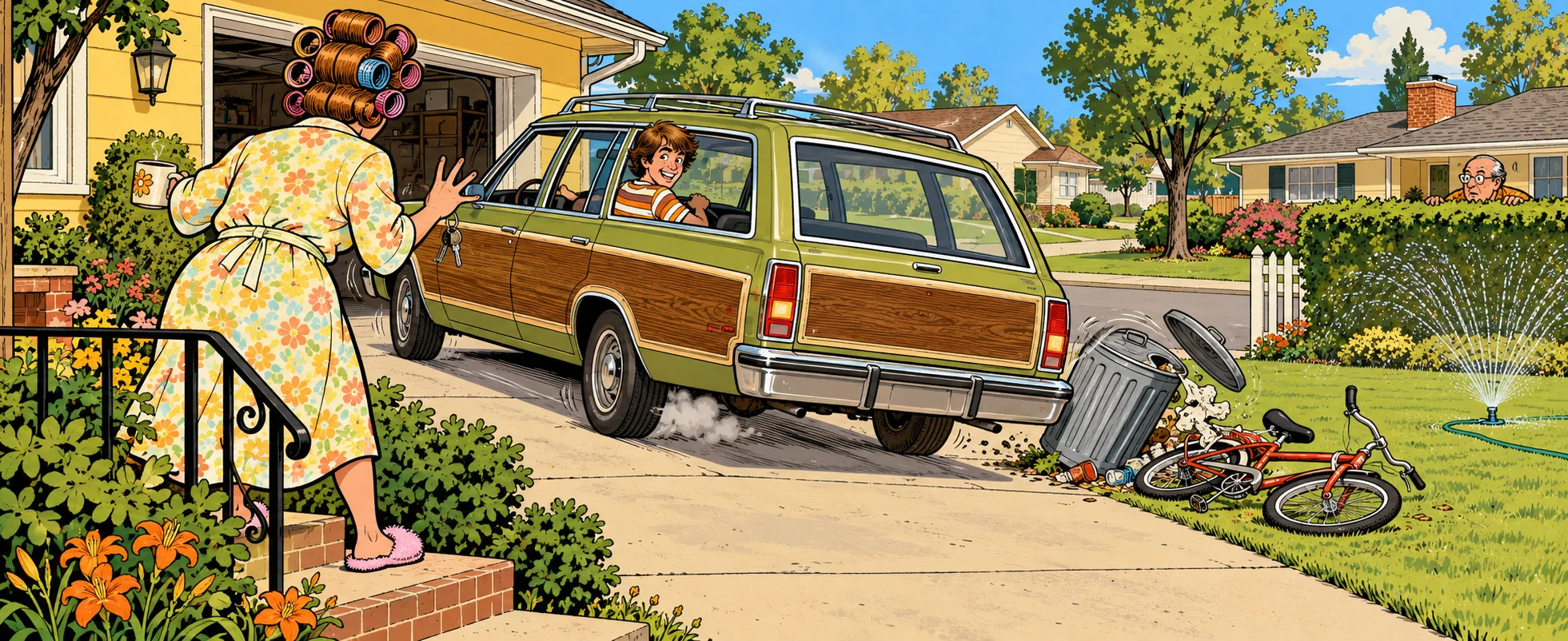 A mother in curlers and a housecoat freezes on her front step as her grinning teenage son reverses the family station wagon over a bike and a bin.