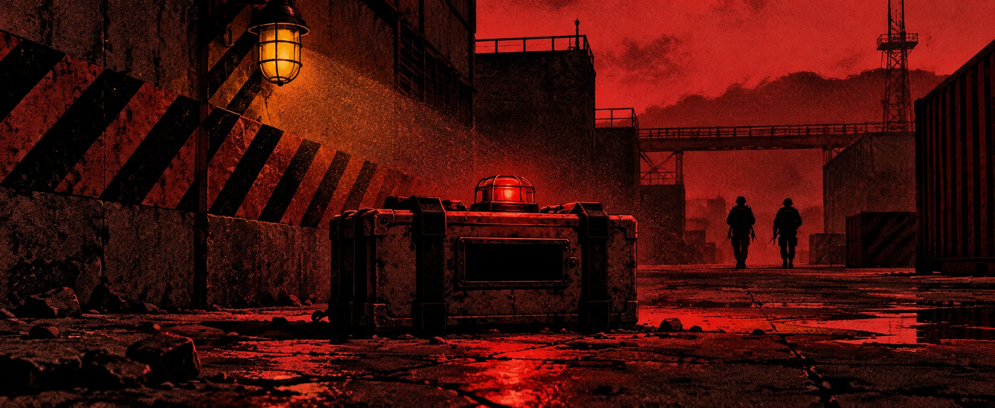 A bomb with a red light sits abandoned on a red-lit industrial site as two figures walk away.