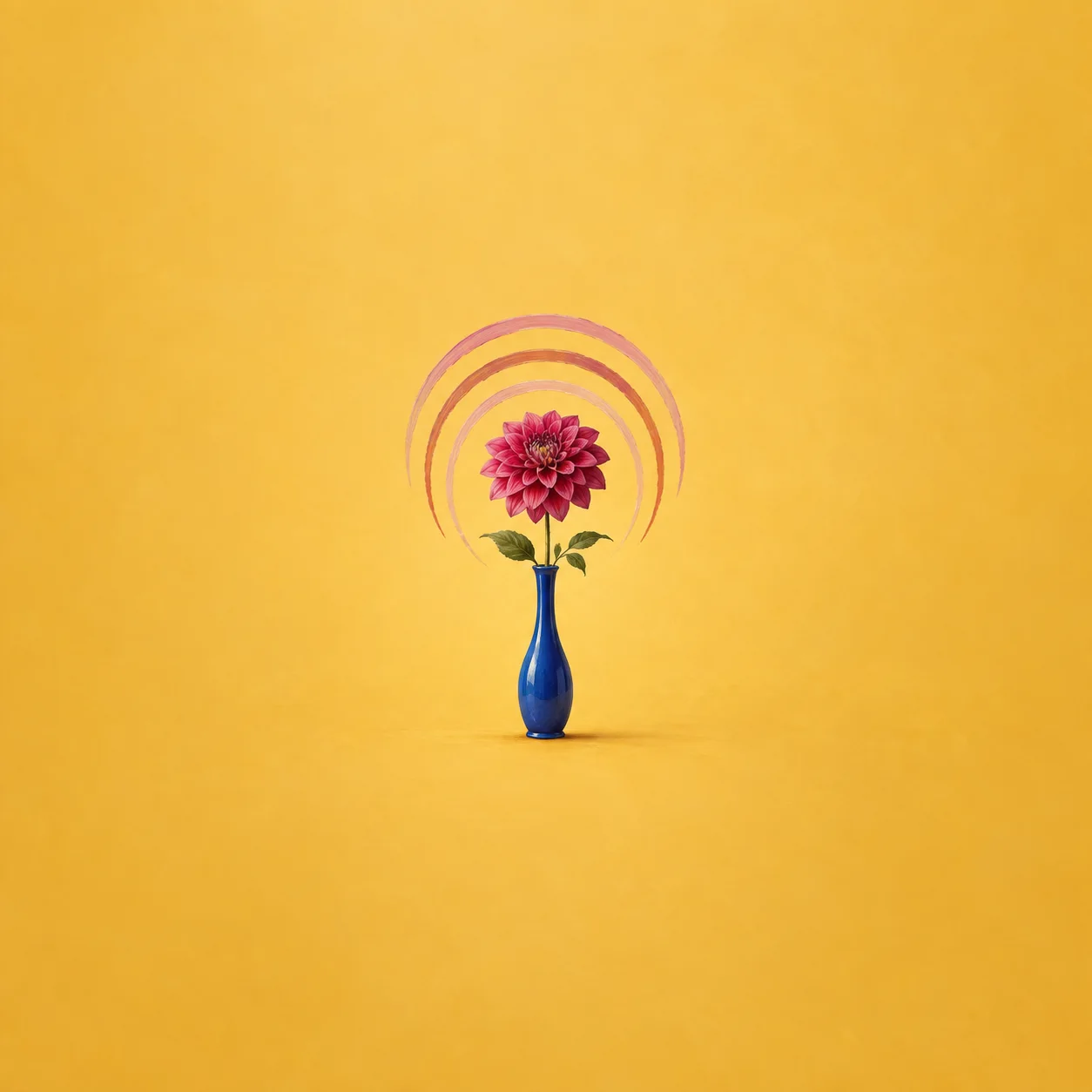 A magenta dahlia in a slim cobalt vase with concentric painted arcs behind it against a saffron background.