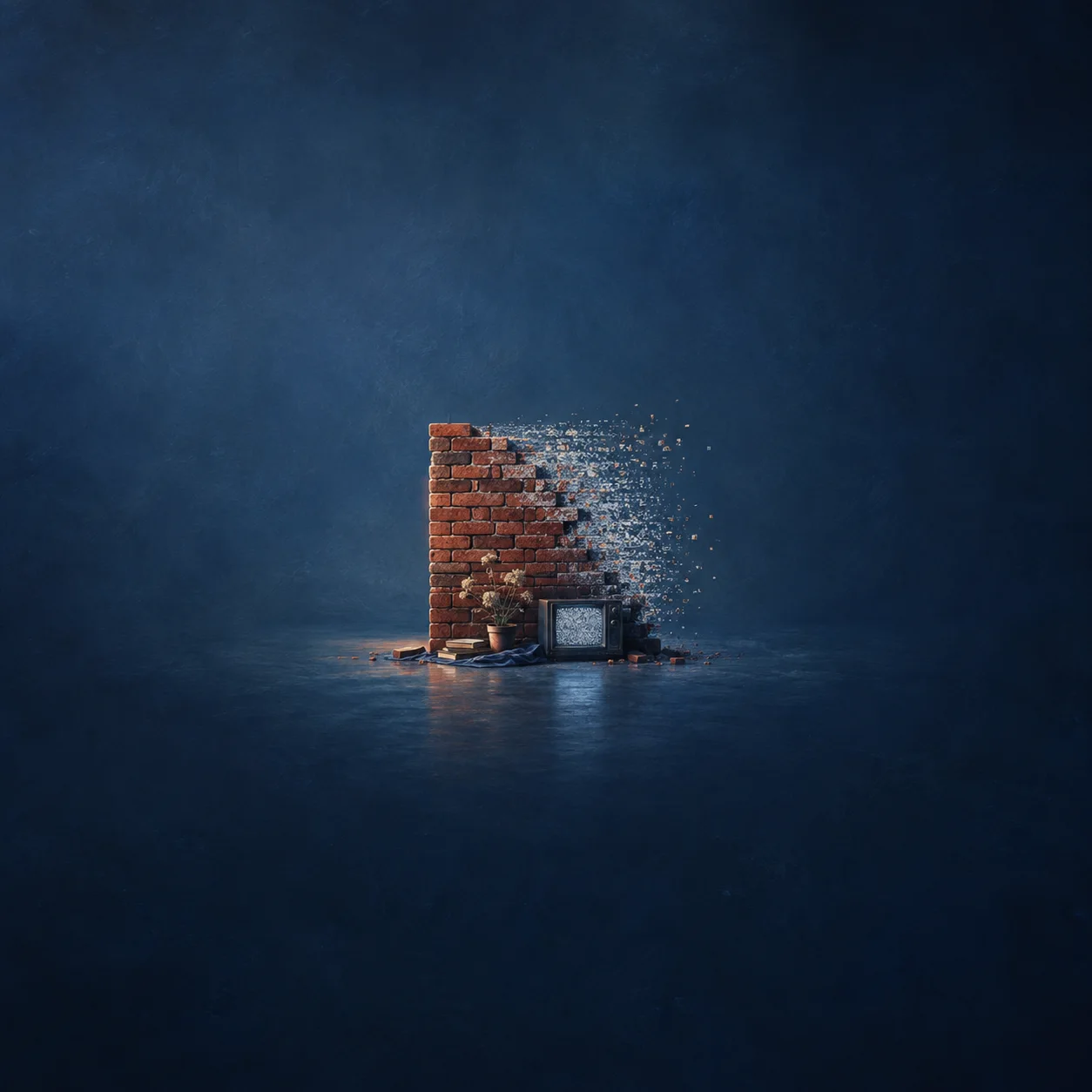 Painterly brick wall dissolving into small squares beside an old television against deep blue.