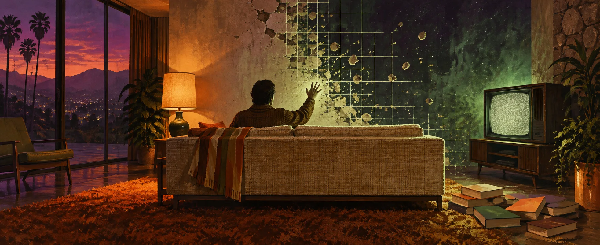 A man on a 1970s sofa reaches toward a living-room wall that is dissolving into a grid of lines, a television showing static nearby.