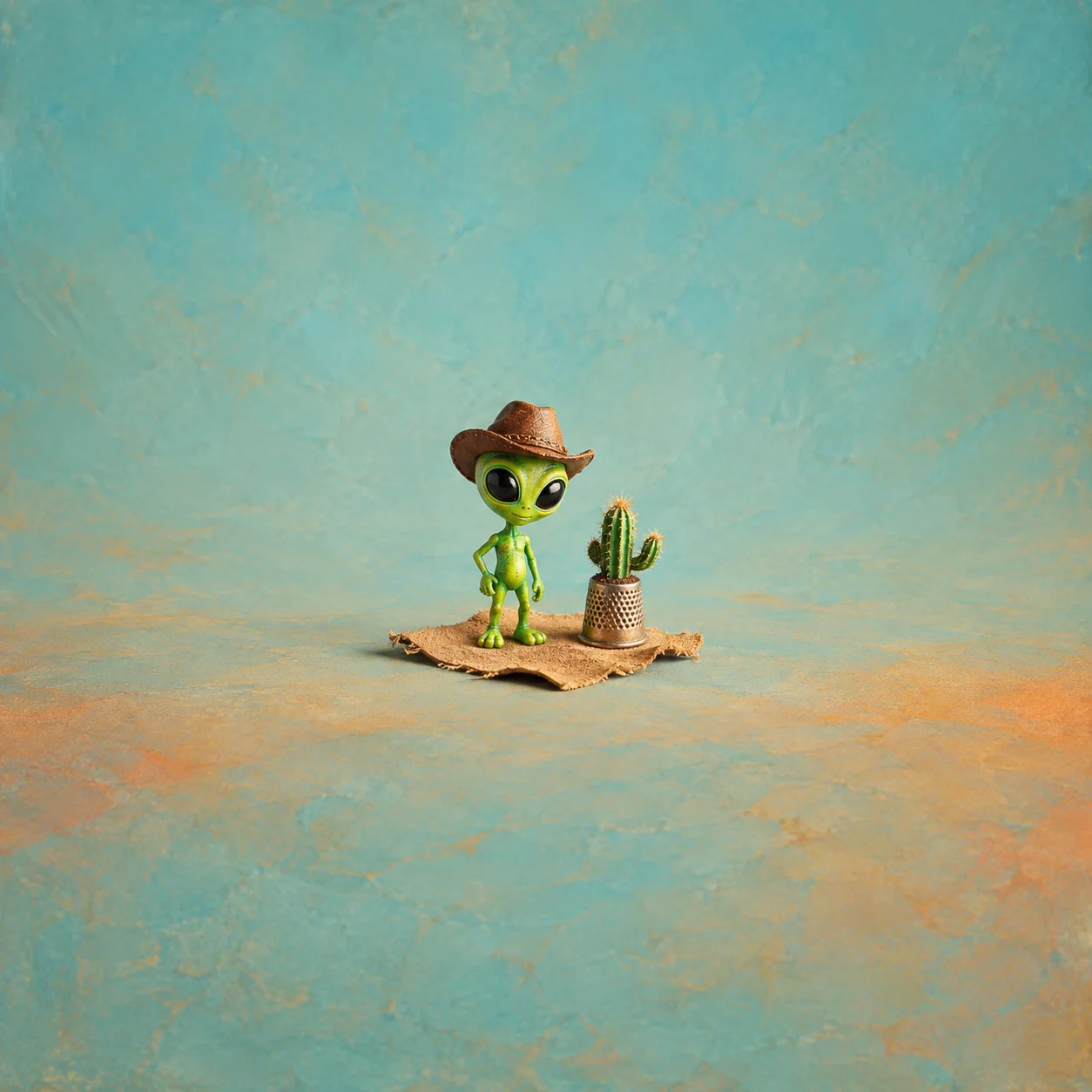 A small green toy alien in a cowboy hat stands beside a cactus on a piece of tan fabric.