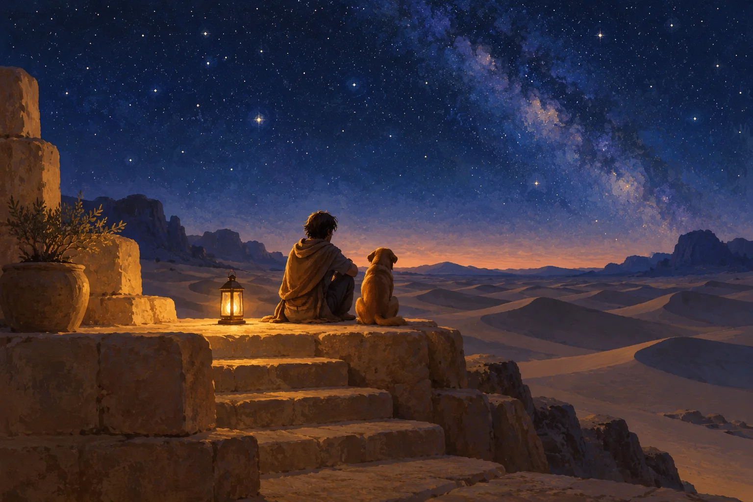 A traveller and a dog sit beside a warm lantern on a desert terrace beneath a vast starry sky.