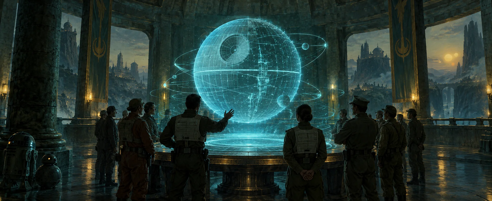 Rebel pilots gather around a glowing blue hologram of a spherical battle station in a stone briefing room.