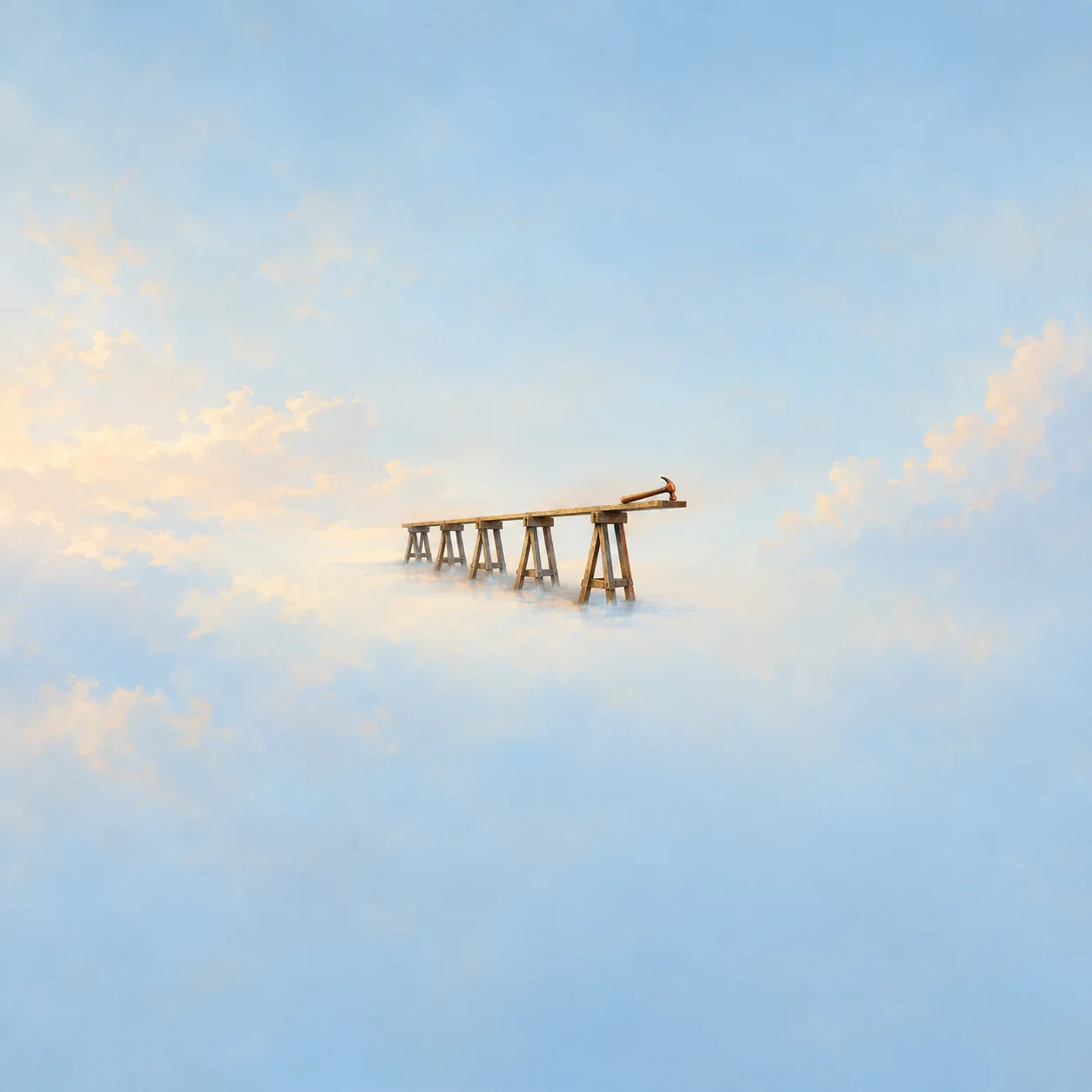 A short wooden trestle bridge ending in mid-air among pale clouds, with a small hammer on its far end.