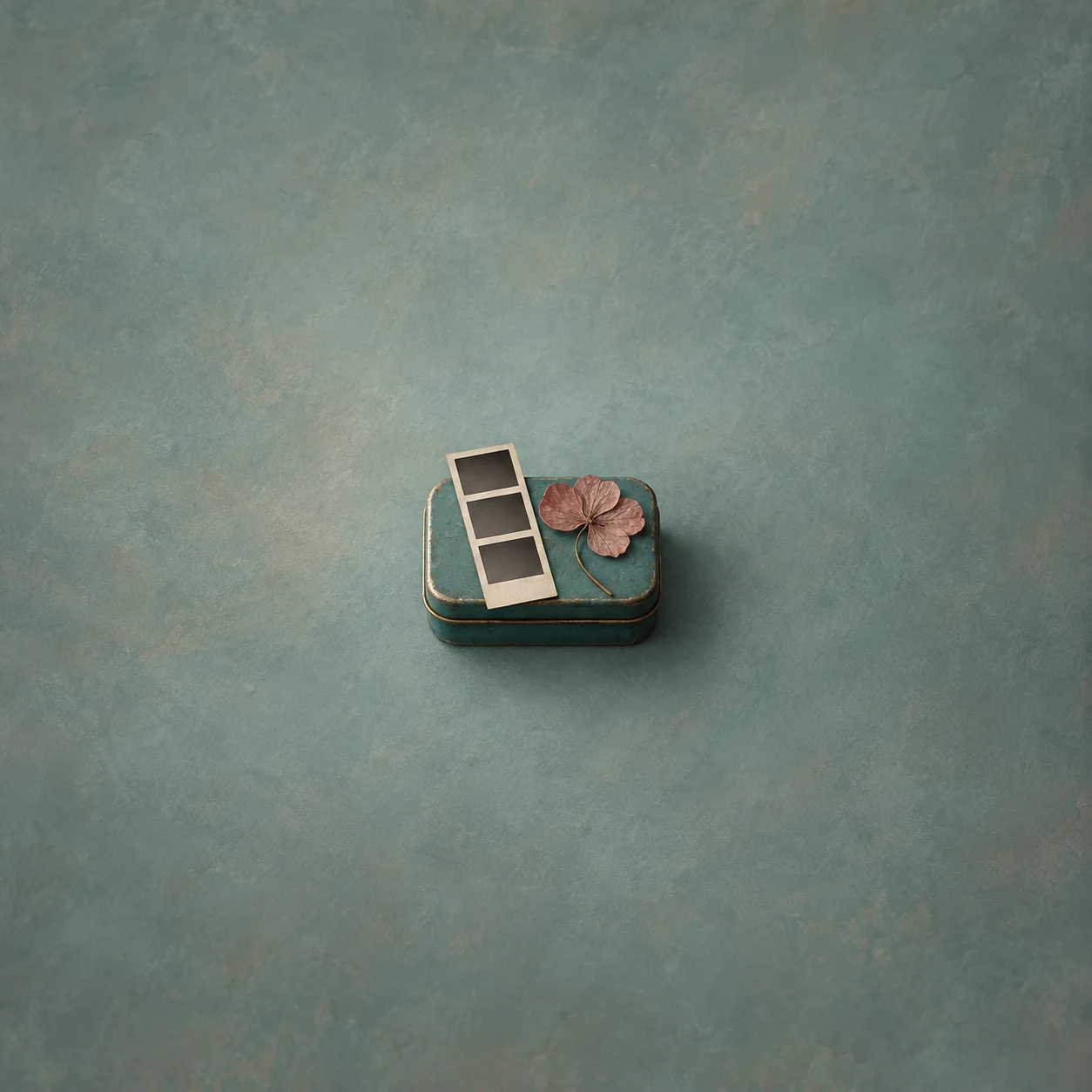 A blank three-panel photo strip and a pressed pink flower rest on a small closed teal case.