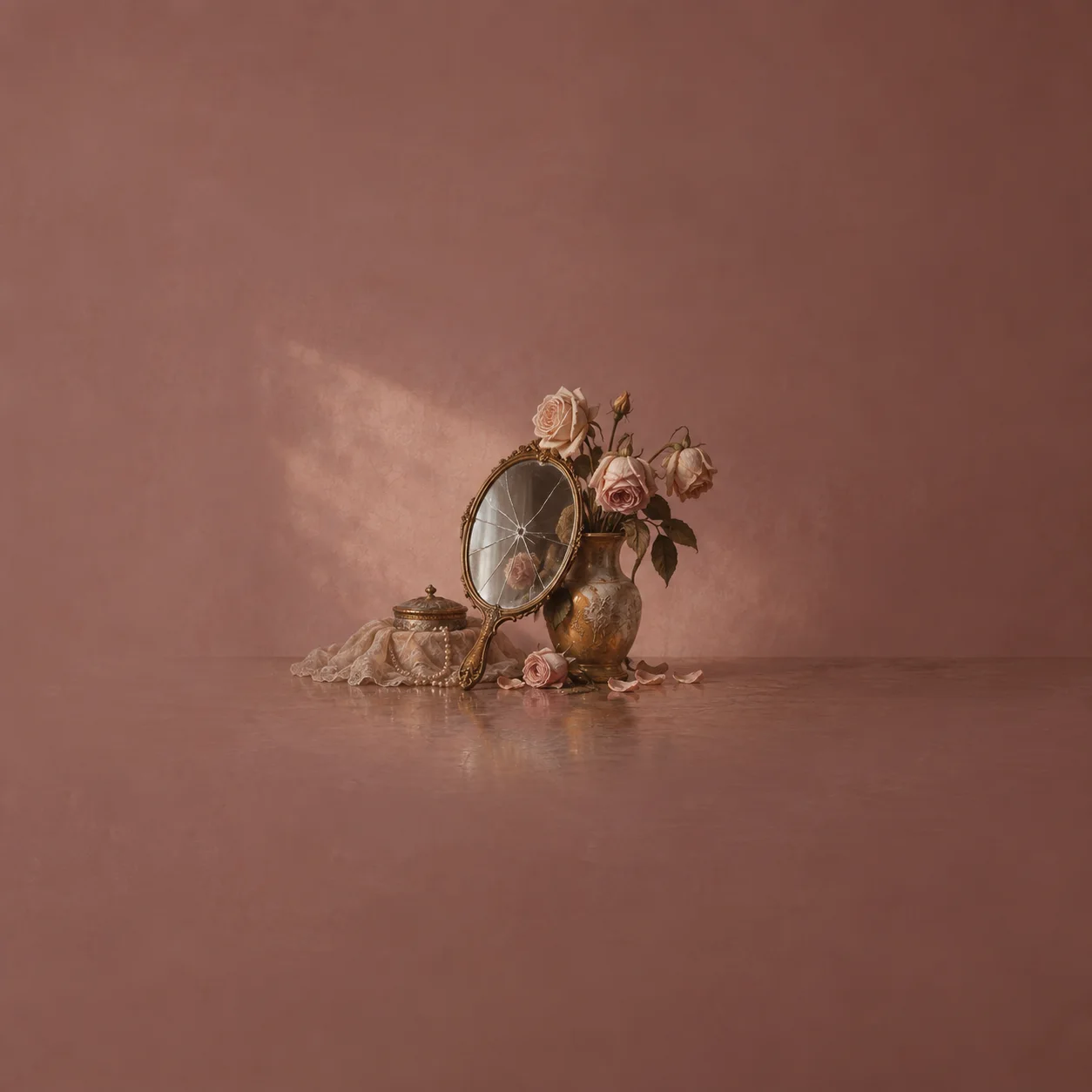 A cracked oval mirror stands beside wilted roses, a small lidded jar and pale lace on a dusty rose surface.