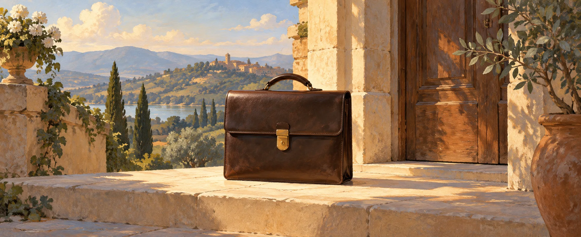 An upright dark leather briefcase stands on a cream stone threshold in a strong shaft of sunlight.