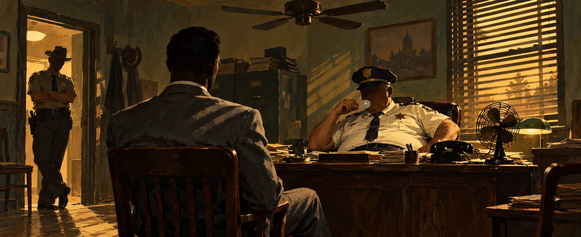 In a sweltering small-town police office, a Black detective in a grey suit sits upright facing a heavyset white police chief across a desk.