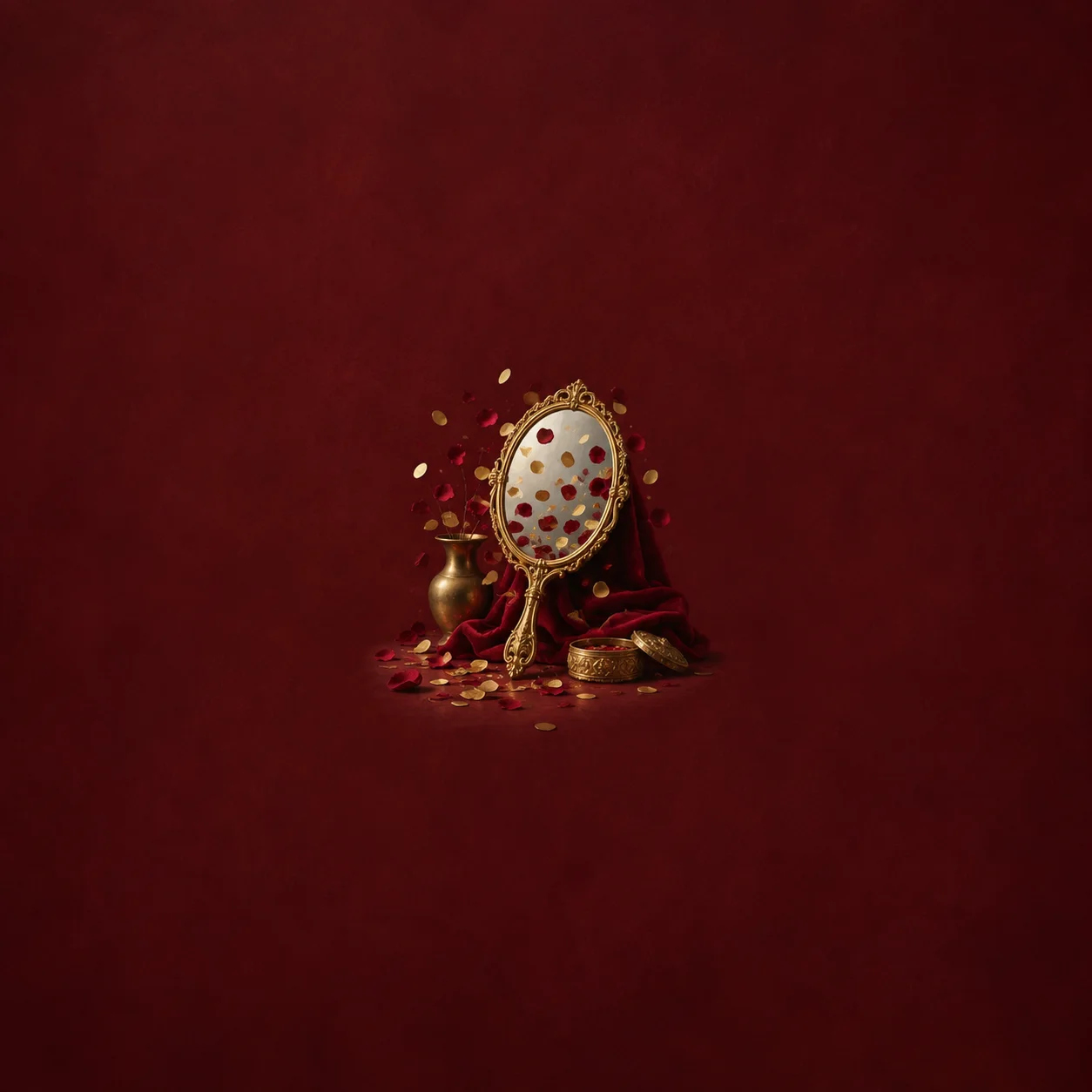 Painterly ornate gold hand mirror among red and gold confetti and velvet fabric.