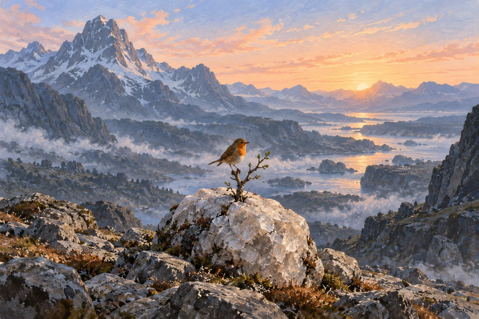 A small orange-breasted bird perches on a twig growing from a crack in a pale stone above a mountain valley.