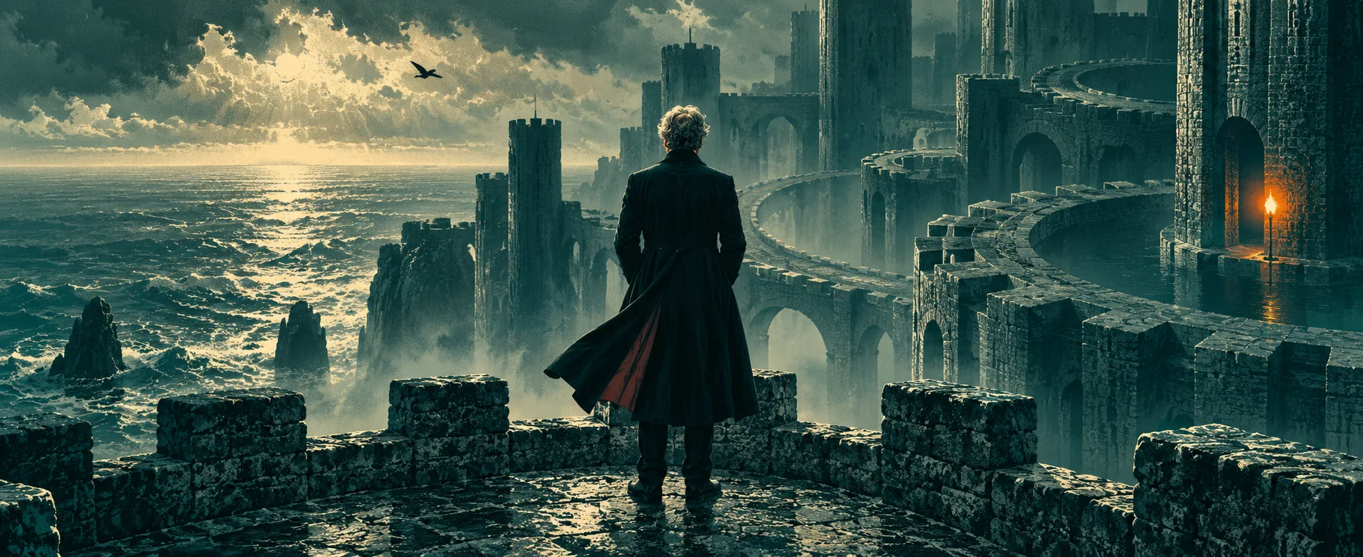 A grey-haired man in a dark coat with red lining stands alone on the battlements of a vast castle in a stormy sea.