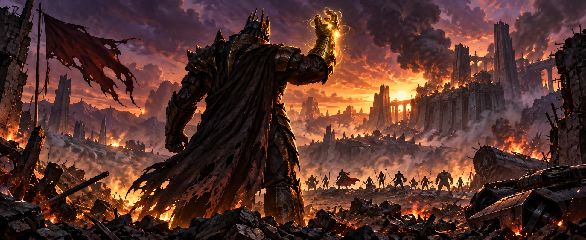 A towering armoured warlord, seen from behind, raises a glowing golden gauntlet over a burning battlefield as an army masses on the ridge below.