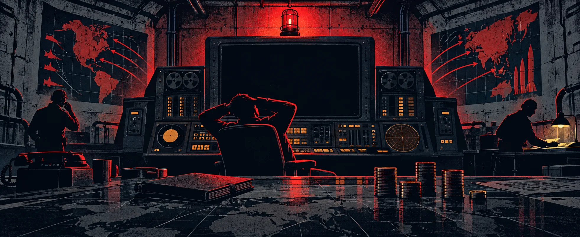 A commander slumps at a red-lit console in a bunker beside a dwindling stack of coins.