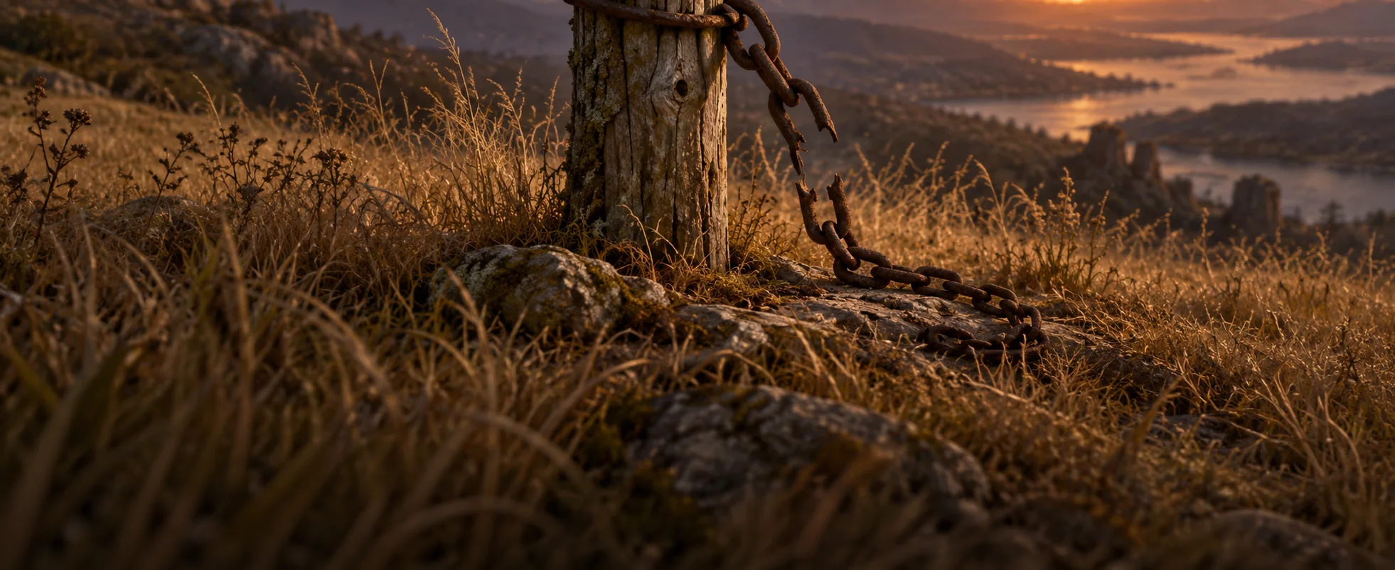 A weathered wooden post stands upright beside a broken iron chain in tall dry grass.
