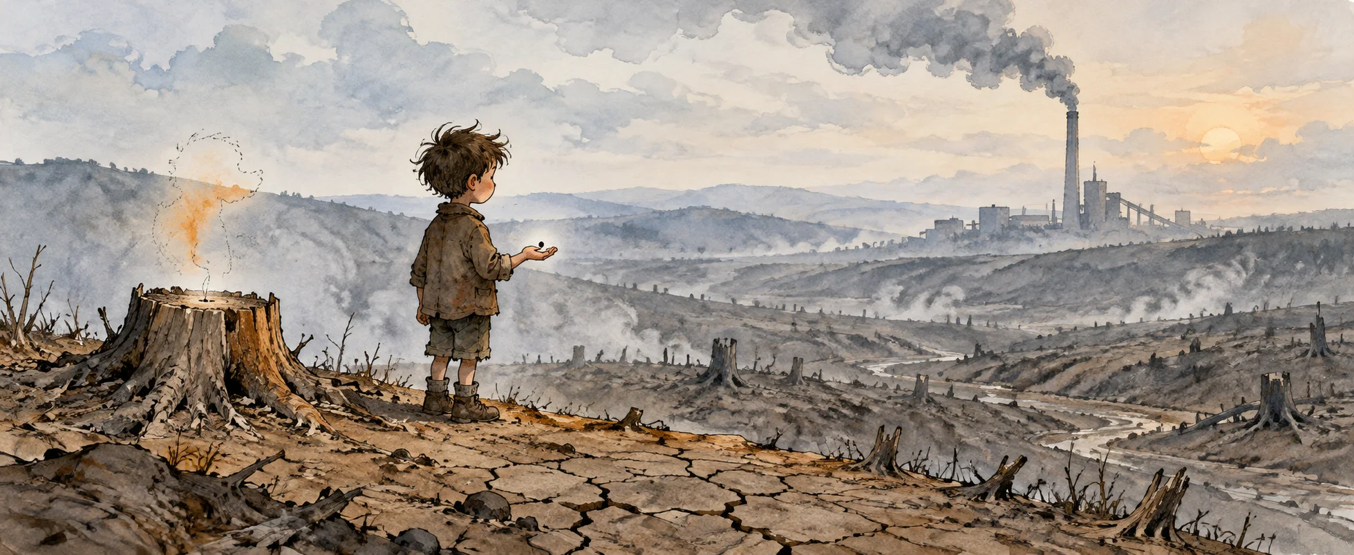 A small boy holds a single seed in his open hand on a grey hillside of tree stumps, a smoking factory tower on the horizon.