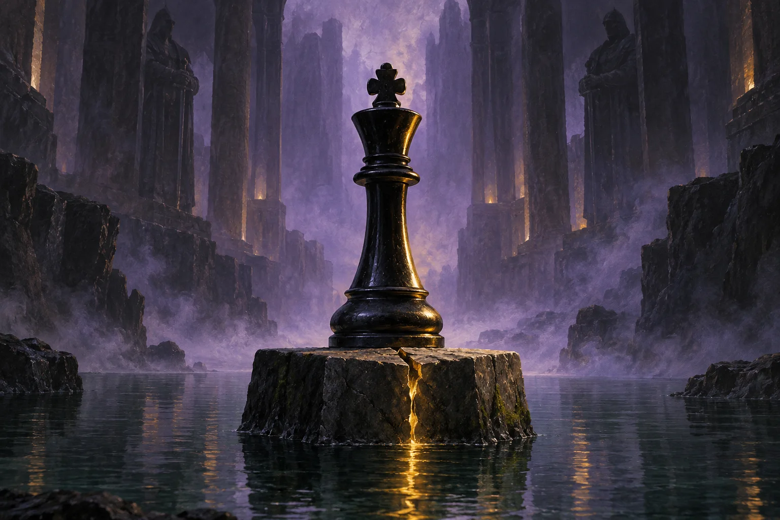 A tall black chess king stands on a stone plinth with a glowing crack above dark water.