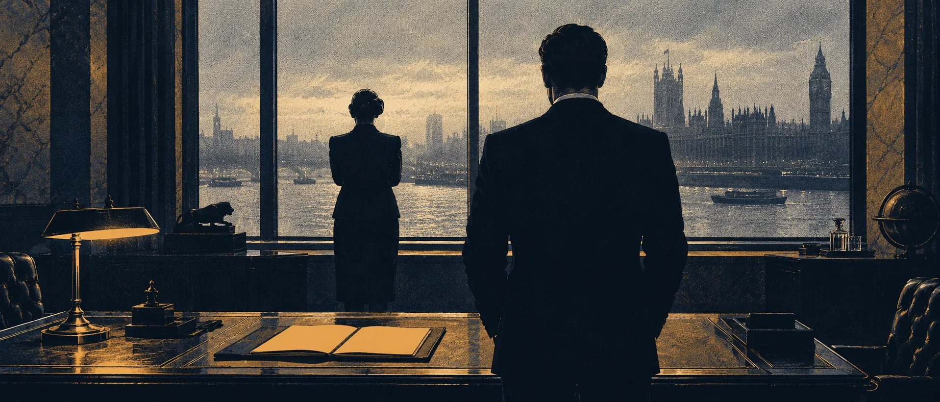 In M's office overlooking the Thames and Westminster at dusk, Bond stands with his back to us facing M, a silhouette at the tall window.