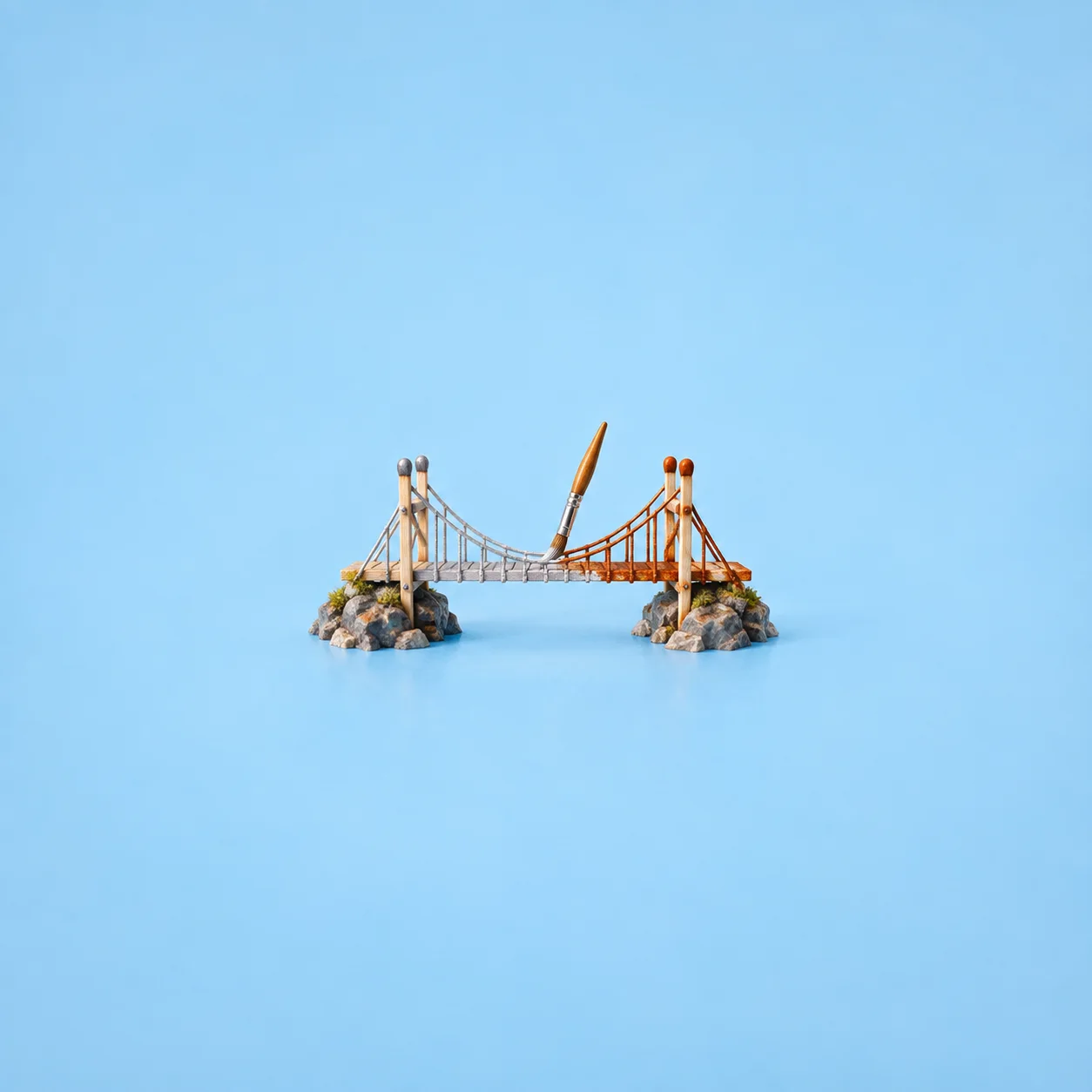 A miniature suspension bridge, silver on one side and rusty orange on the other, stands beside an upright paintbrush against blue.