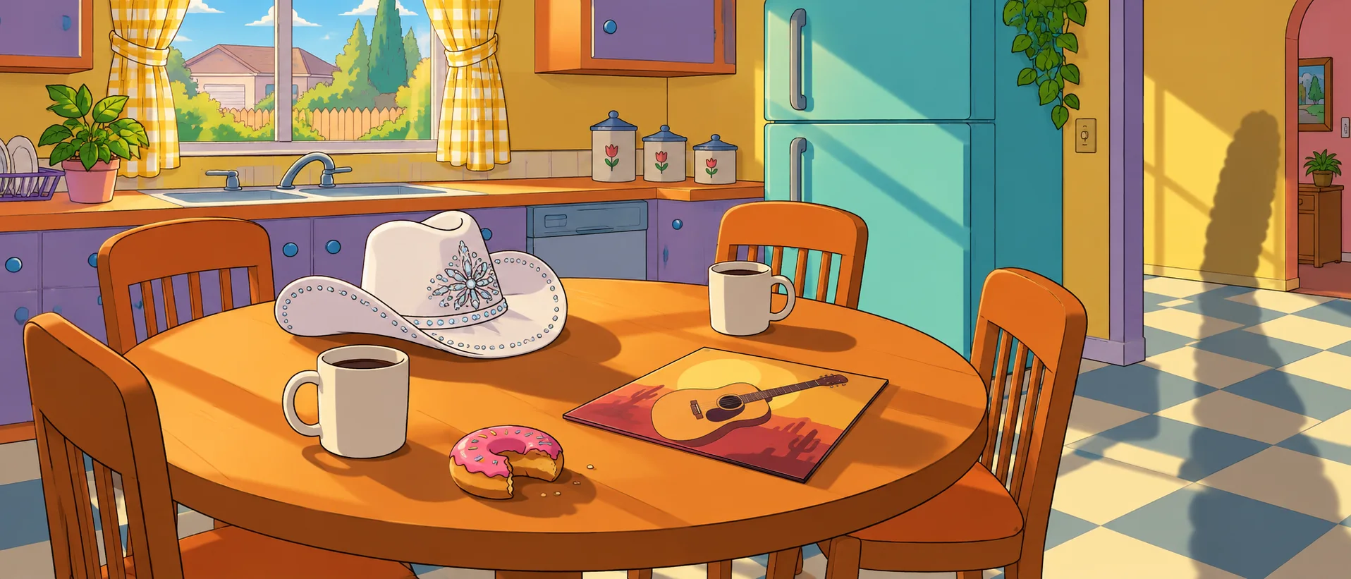 A sunny cartoon kitchen table holds two coffee mugs, a white rhinestone cowboy hat, a country record and a half-eaten pink doughnut.