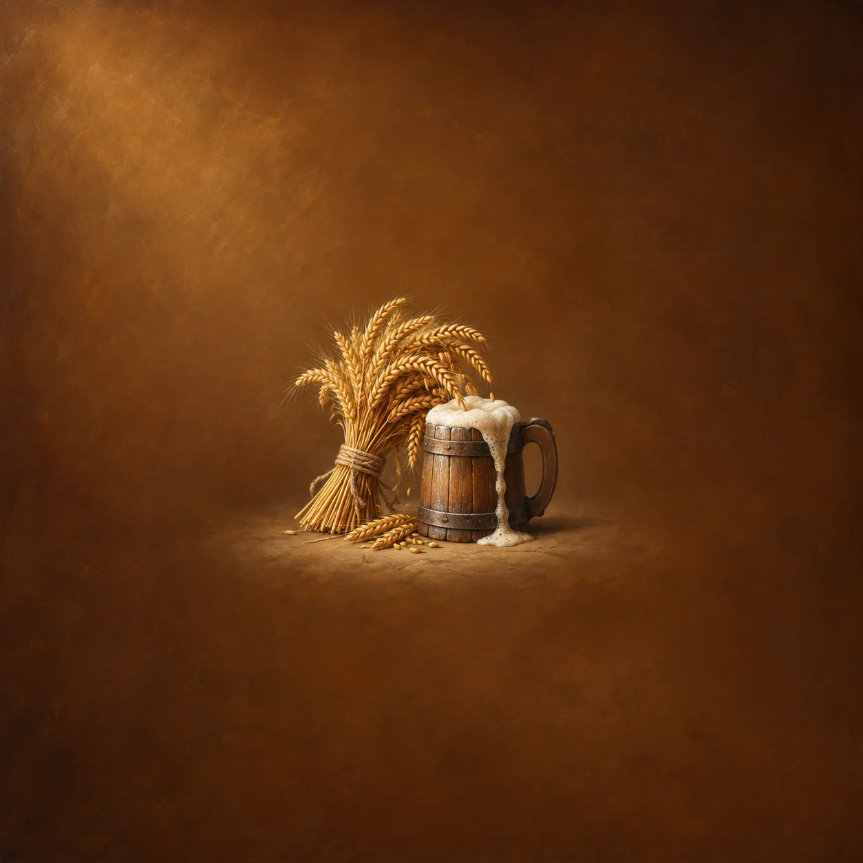 Painterly bundle of golden grain beside a foaming wooden beer mug on amber.