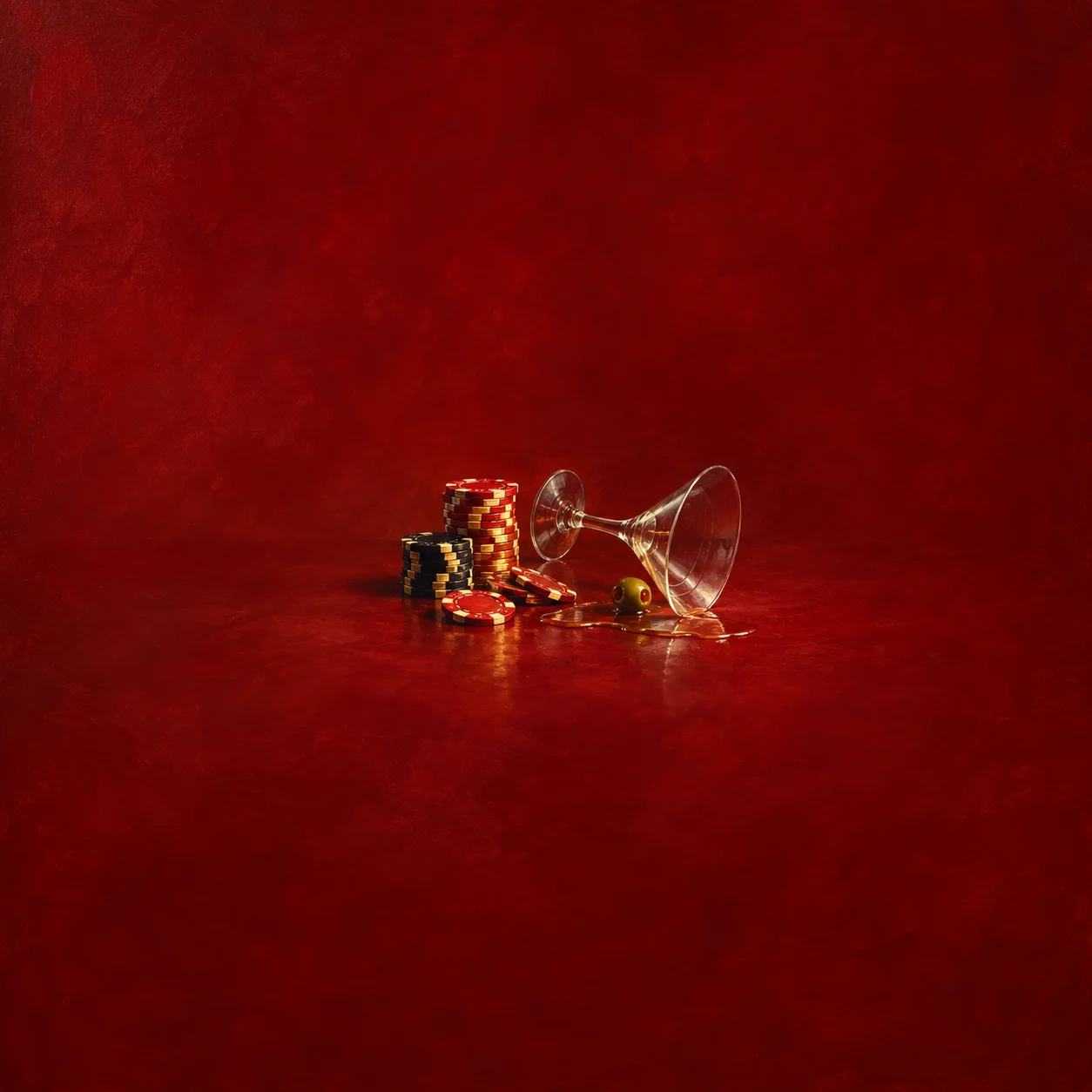 Stacks of poker chips sit beside a tipped martini glass and spilled liquid on a red surface.