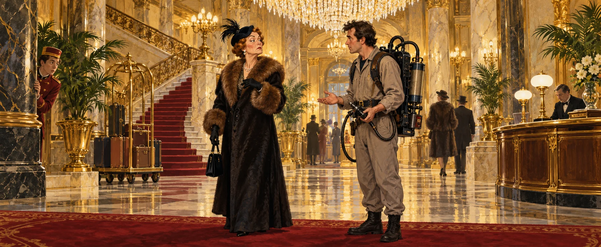 A woman in a fur coat and feathered hat confronts a man in a grey jumpsuit with a proton pack in a grand hotel lobby.
