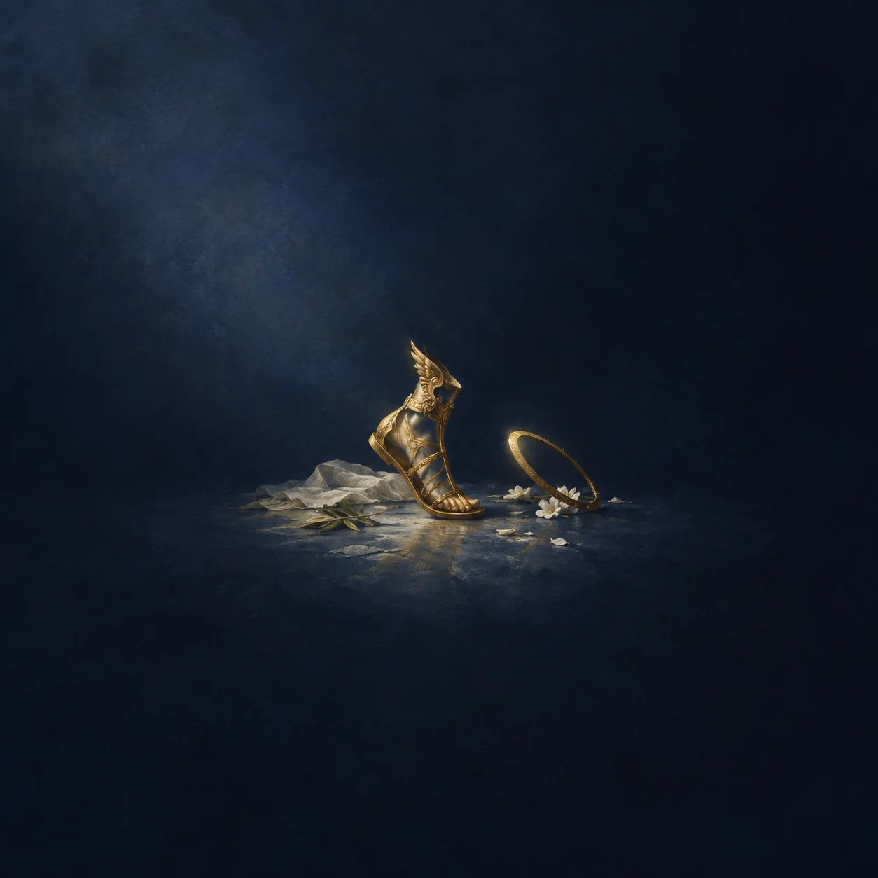 A golden winged sandal stands beside a tilted gold ring and pale feathers against a dark blue background.