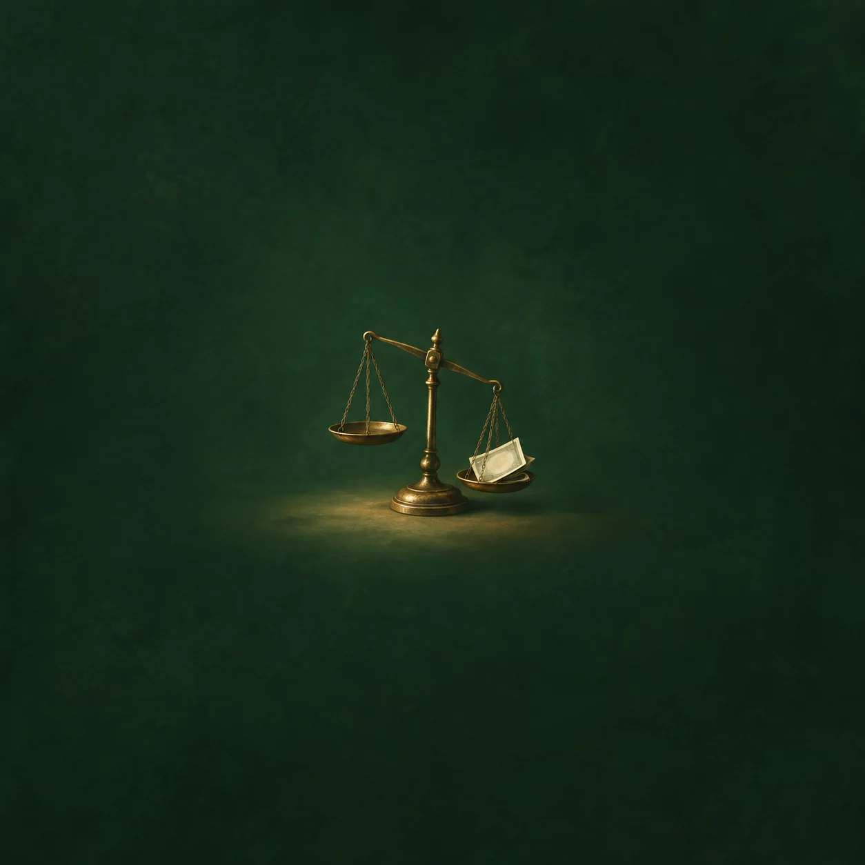 Painterly brass balance scale with folded paper weighing down one pan against dark green.