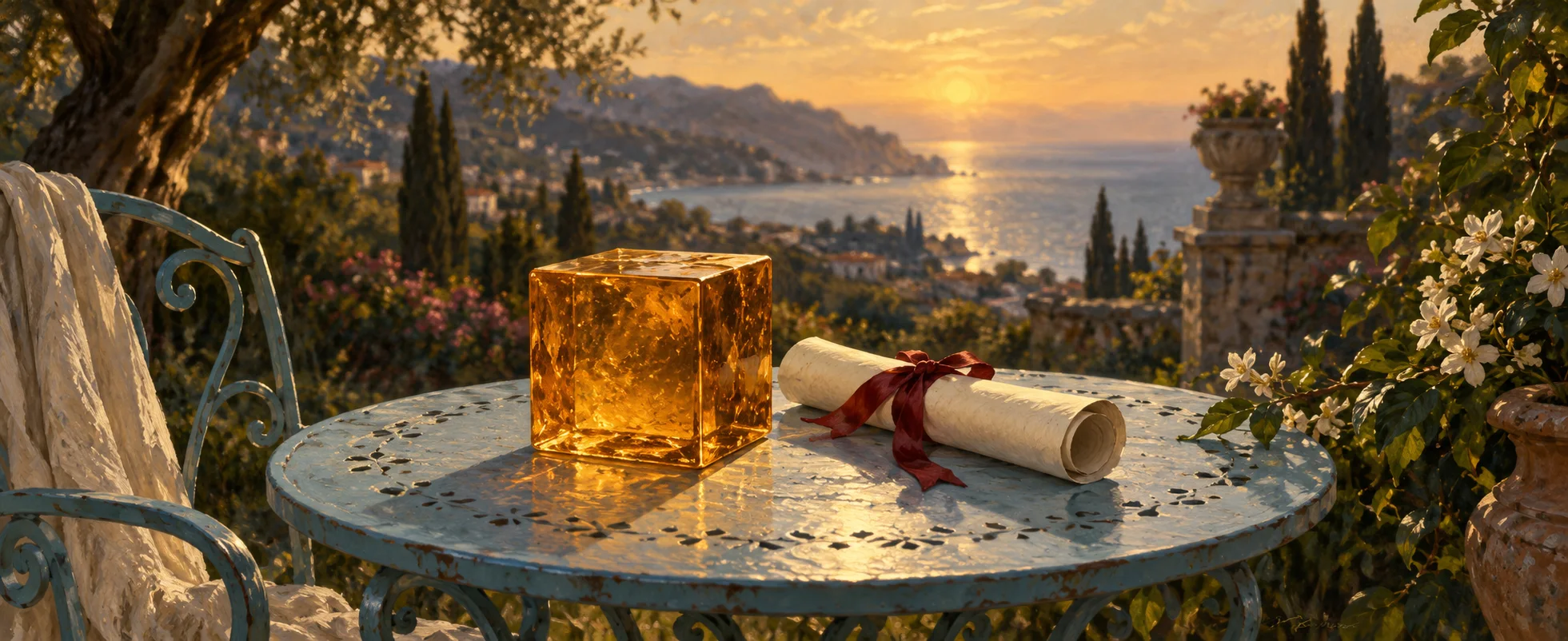 A translucent amber cube sits beside a closed graduation scroll on a pale blue garden table.