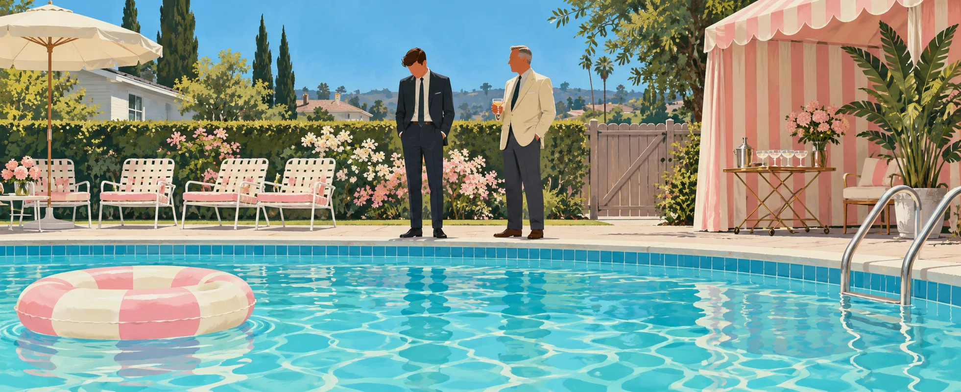 A young man in a dark suit stands stiffly by a backyard swimming pool as an older man in a cream blazer leans in to give him advice.