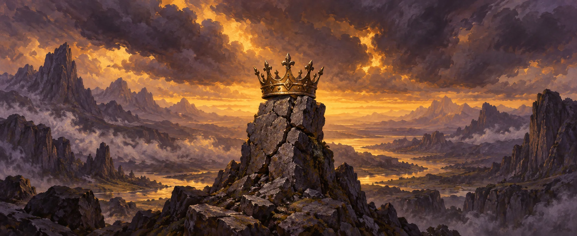 A small brass crown balances on a cracked stone pinnacle beneath a turbulent amber sky.