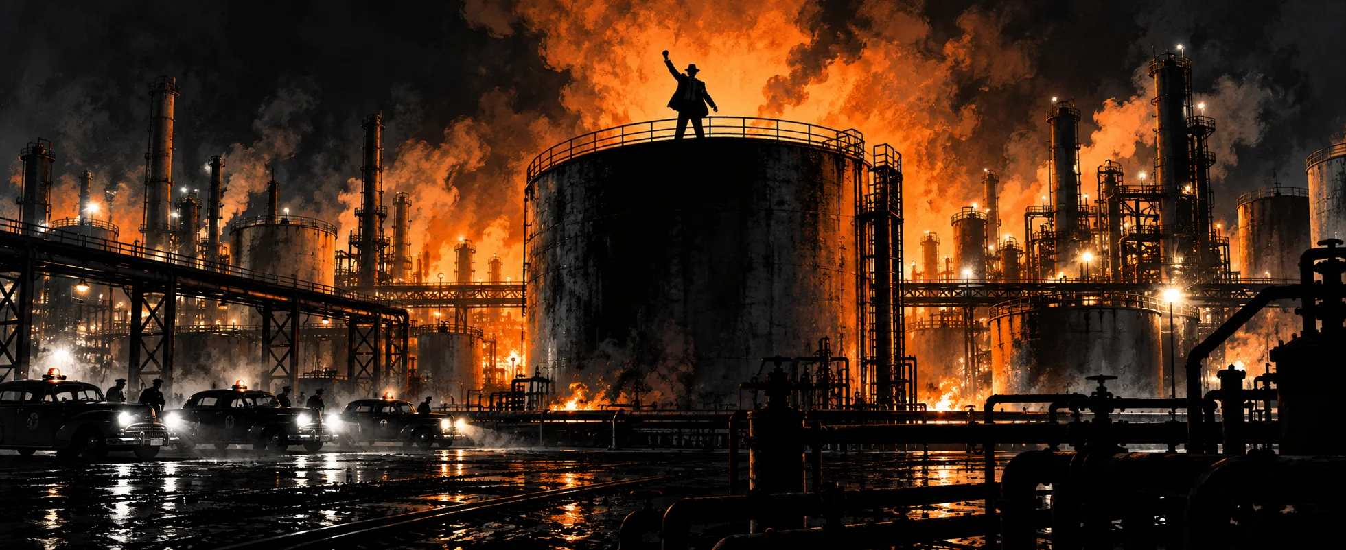 A gangster stands on top of a huge gas tank at a burning refinery at night, one arm raised, police cars far below.