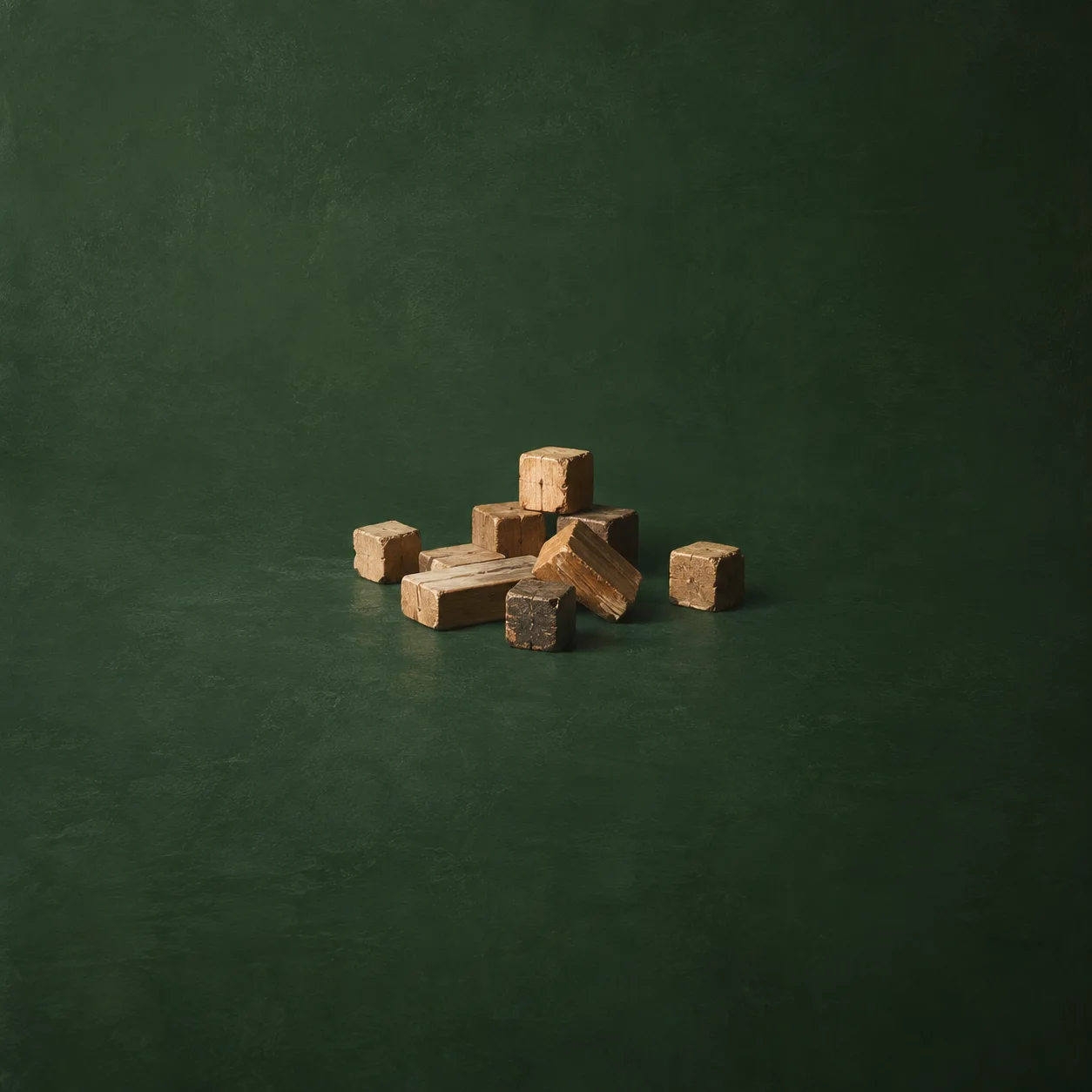 Worn wooden blocks with faint carved marks lie scattered against a dark green background.