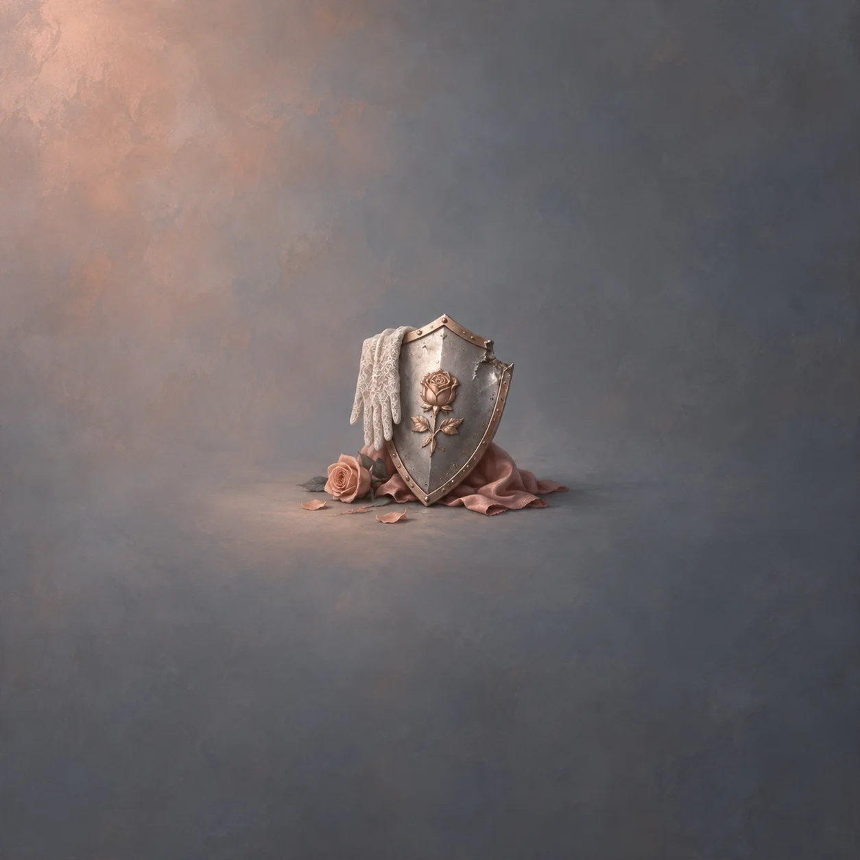 A small silver shield with a rose motif rests with a pale lace glove and rose-coloured cloth.