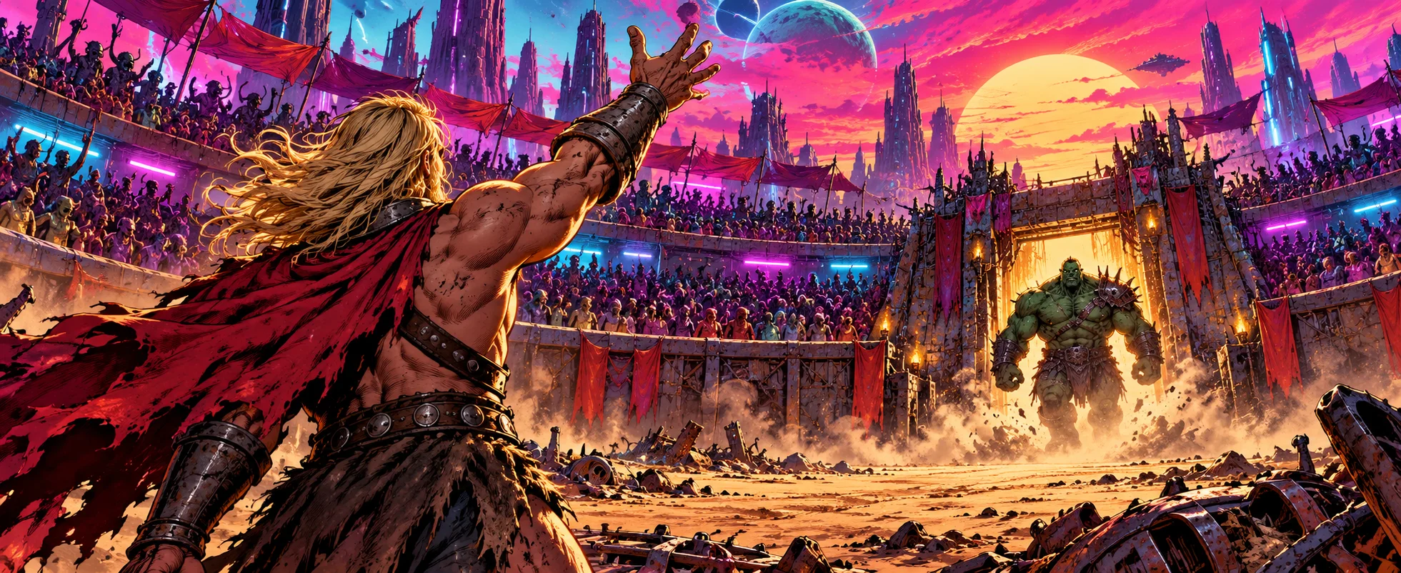 A long-haired warrior in a red cape raises his arm in a neon gladiator arena as a green giant strides in.
