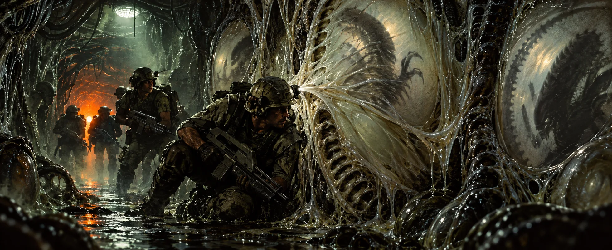 Marines crouch in a dripping alien hive whose ribbed walls bulge and split around them.