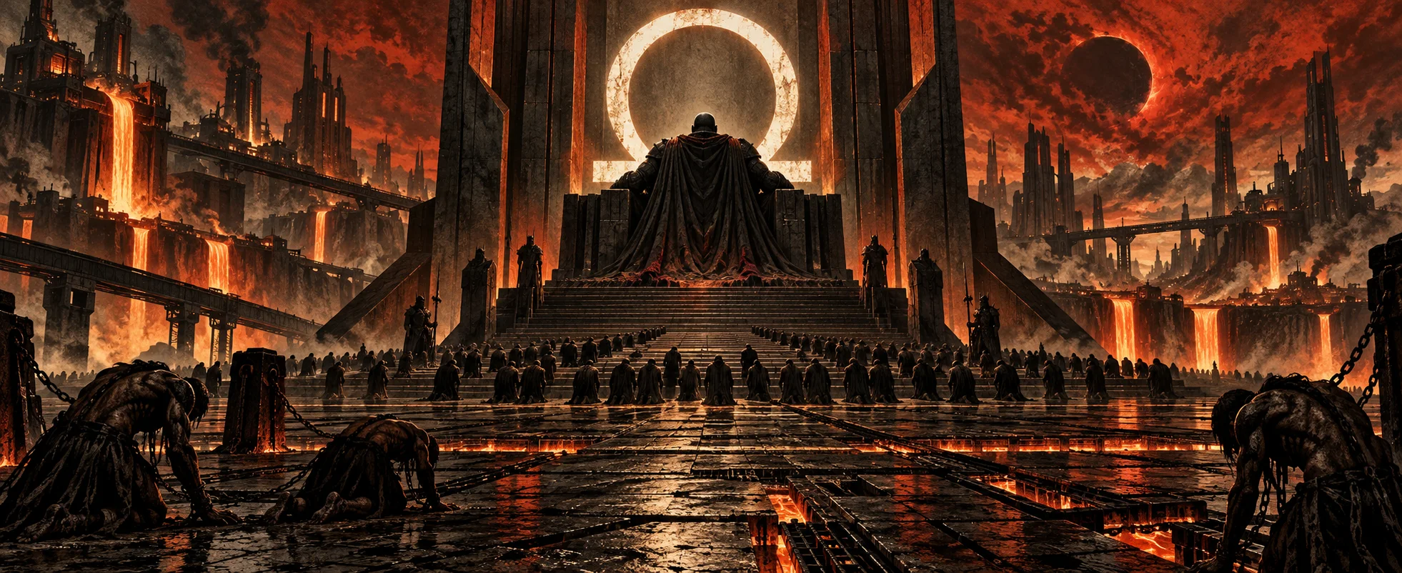 A hooded tyrant sits on a colossal throne in a black, fiery industrial hellscape as ranks of bowed figures fill the hall below.