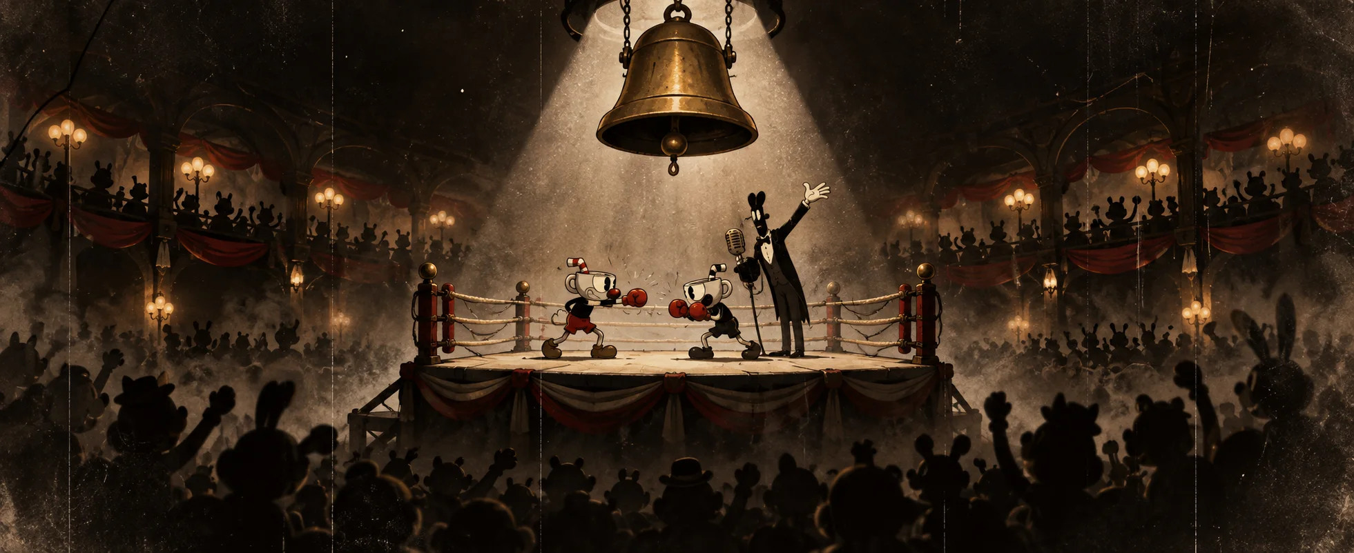 Two cartoon heroes face off in a boxing ring under a big brass bell in a 1930s-style theatre.