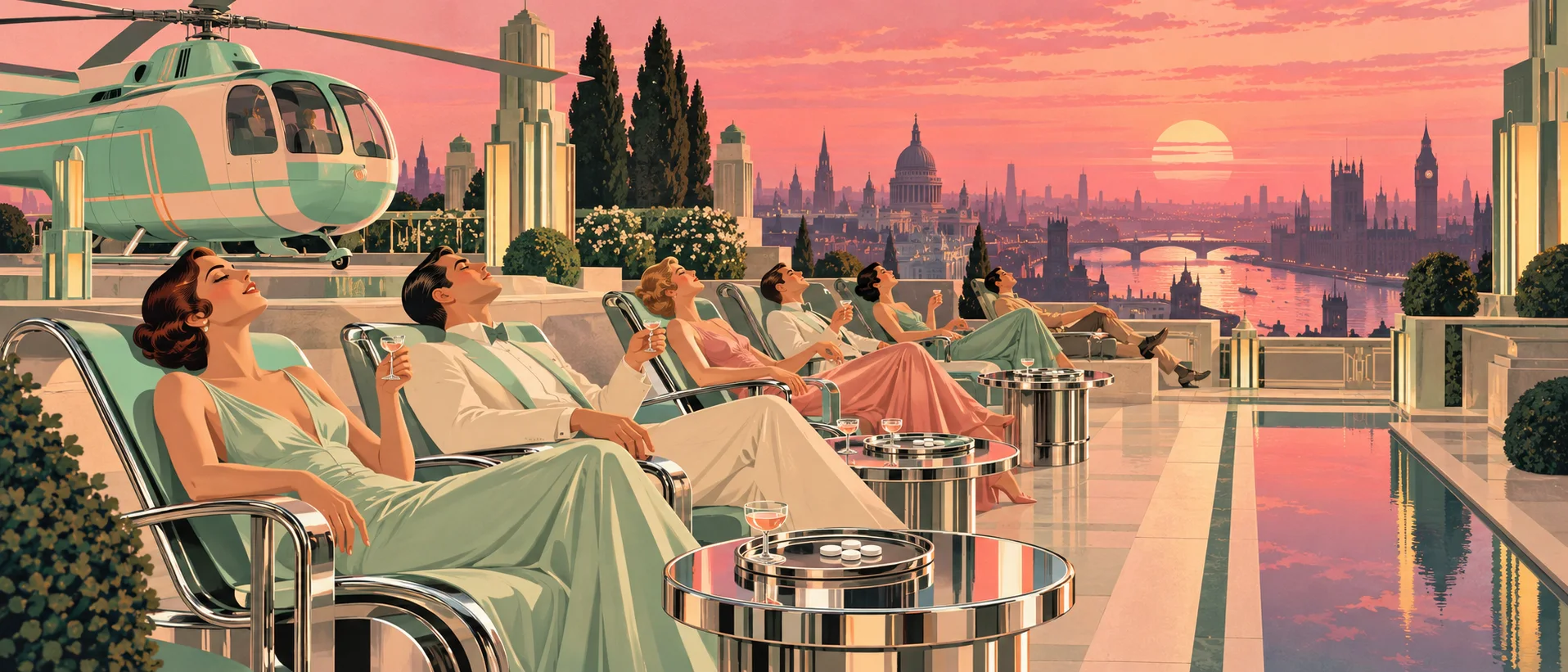 Well-dressed people lounge on chrome loungers on an art-deco London rooftop at sunset, a pastel helicopter parked behind them.