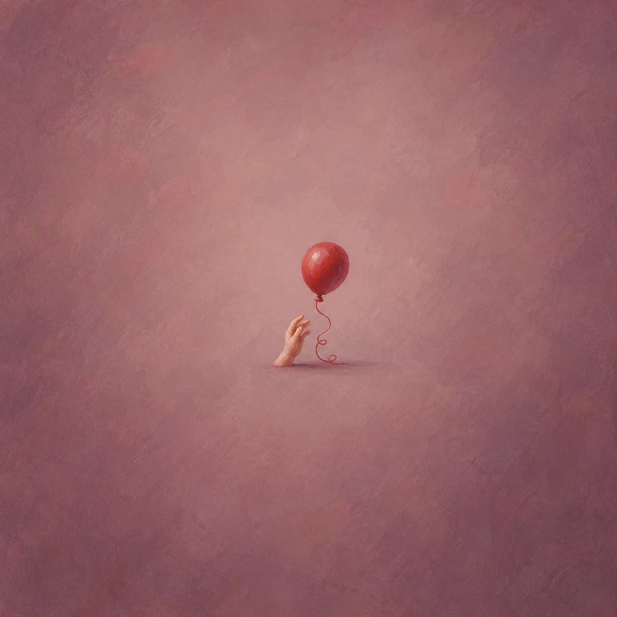 Small porcelain hand reaching toward a tiny red balloon on a coiled red string