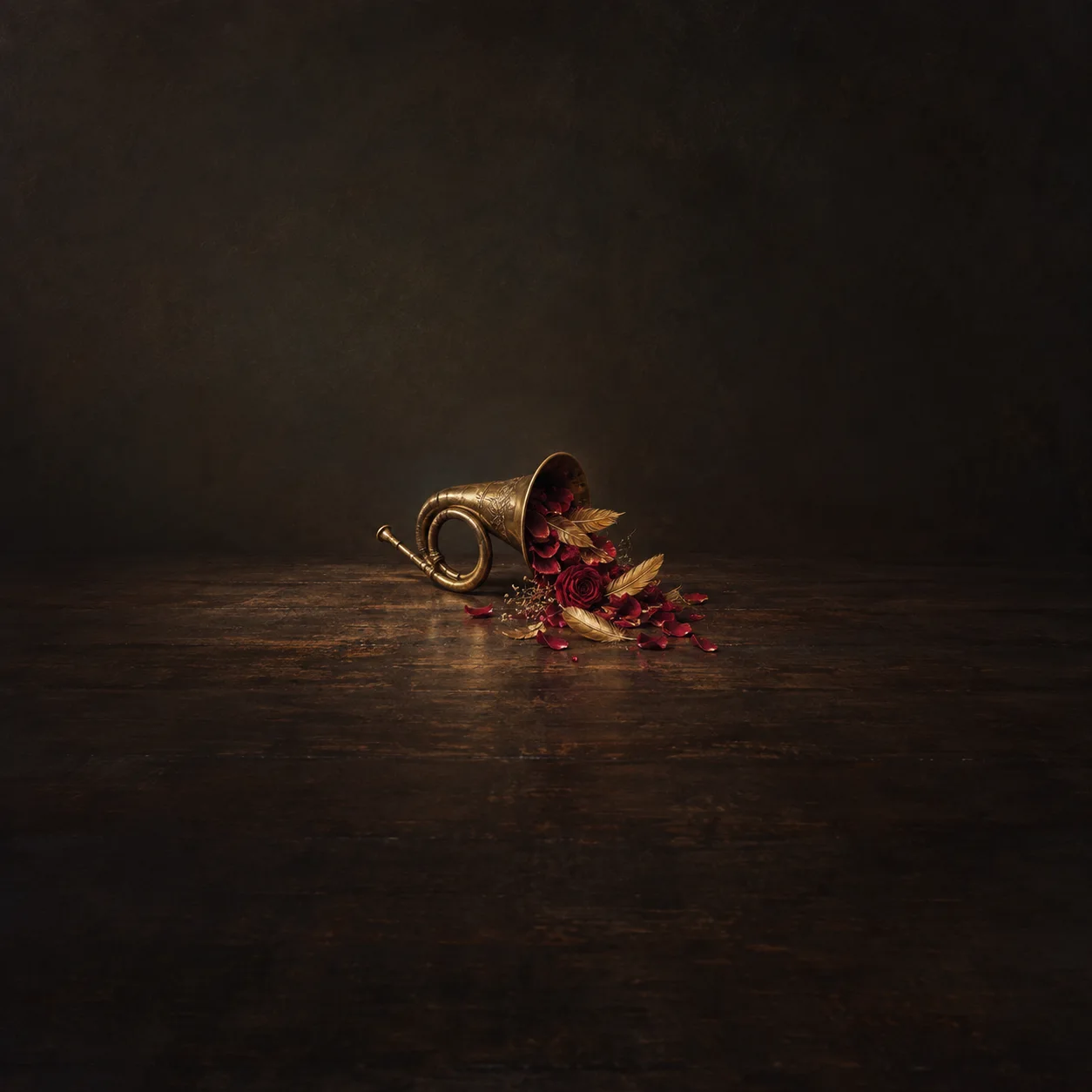 An antique brass horn lies on dark wood with red roses, scattered petals and golden feathers spilling from its bell.