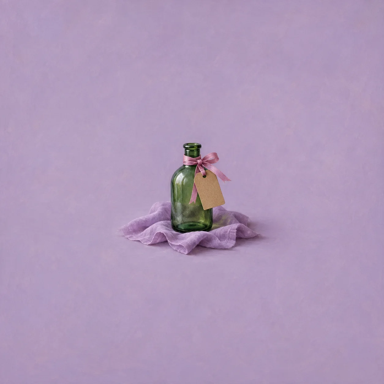 A blank tag hangs from a pink ribbon tied around a green glass bottle on lilac cloth.