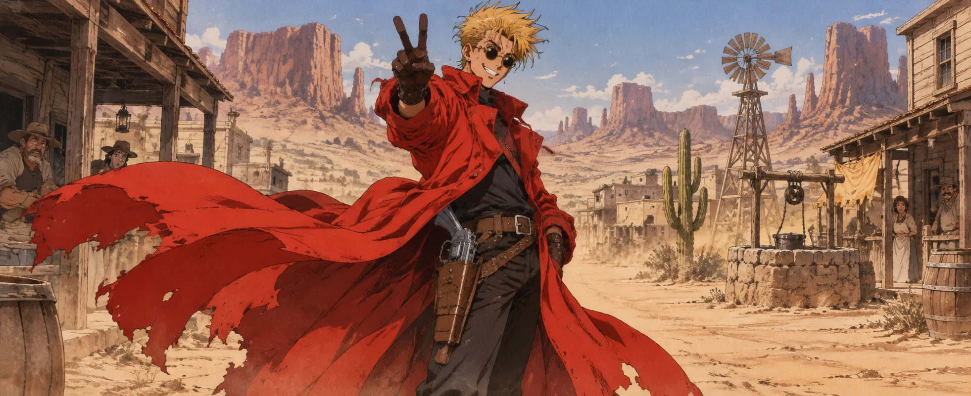 A gunman with spiky blond hair, round sunglasses and a long red coat flashes a peace sign on the dusty main street of a desert town.