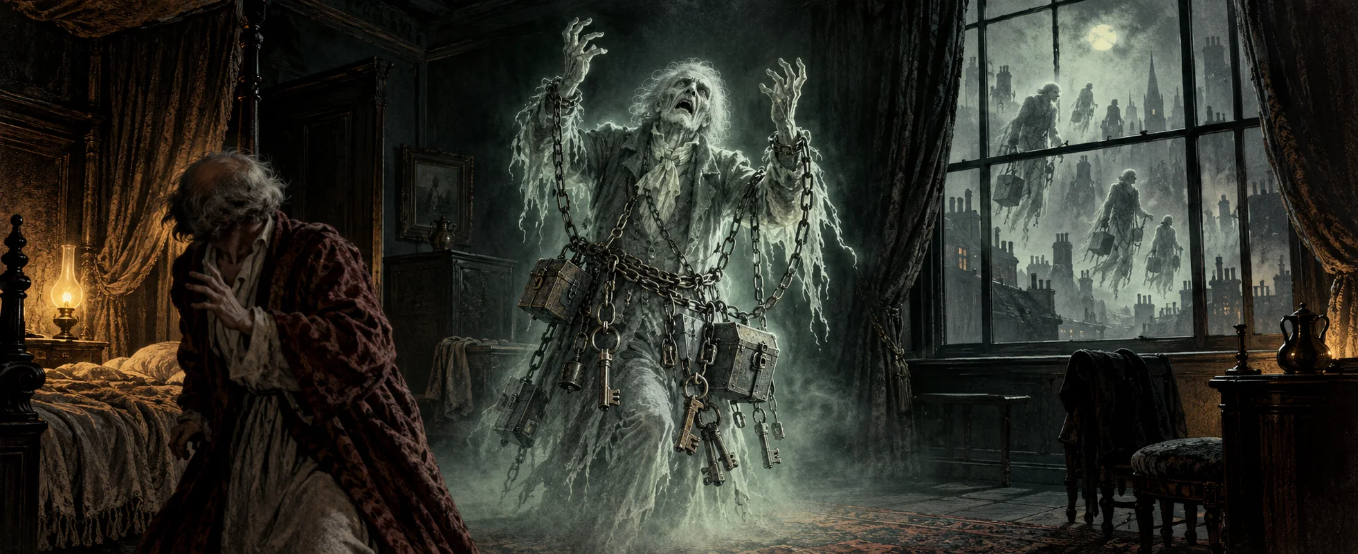Victorian engraving: a wailing chained ghost raises its arms before a cowering old man, phantoms drifting past the window.